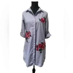 Style House Striped Shirt Dress with Floral Embroidery NWT S